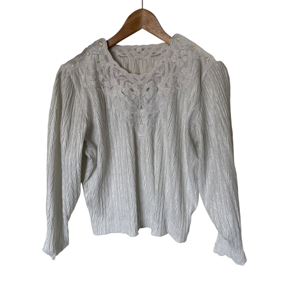 Vintage Blouse Womens Large White Excellent Lace Trim Crinkle Texture Shimmer